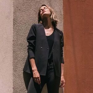 ADAY Double Take Wrinkle Resistant V-Neck Double Breasted Blazer in Black size S